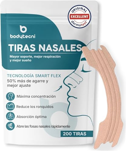 Bodytecni® MEGAPACK 200 Cerotti Nasali Extra Resistenti | Cerotti Nasali Antirussamento | Nasal Strips per Dormire | Migliora la Respirazione e l’Ossigenazione e Alleviare la Congestione Nasale