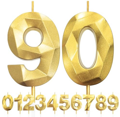 90° Candele di compleanno, Compleanno Candele Torta Oro, Candela numero 90, 3D Candele con numeri da 5cm, Compleanno Torta Topper Decorazione per Feste di Compleanno Matrimonio Anniversario