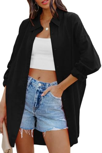 Cicy Bell Camicetta Oversize da Donna Camicie a Maniche Lunghe Button Down T-Shirt Casual in Cotone con Tasche, Nero, L
