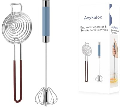 Avykalox Semi Automatic Whisk & Egg Yolk Separator, Stainless Steel Mini Hand Push Whisk, Hand Mixer Egg Beater Wisking Tool & Egg Separator for Raw Eggs Set, for Cooking, Baking