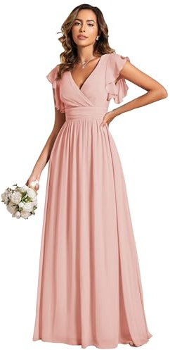 Ever-Pretty Robe de Soirée Dos Nu pour Femme Manches Volantées Mousseline Col V Plissé Robe de Demoiselle d'honneur Longue Élégante ES01818