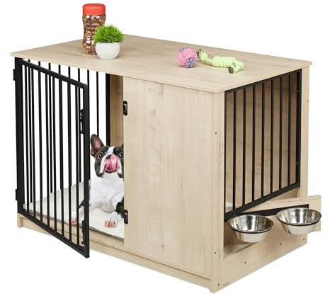Relaxdays Hundbur, för hem, HBT: 65,5 x 102 x 60 cm, 2 roterande skålar, hundlåda träutseende, MDF och stål, grå/svart