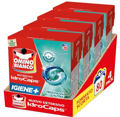 Omino Bianco Idrocaps - Detersivo Lavatrice in Capsule Igiene, 80 Lavaggi, Efficace a Basse Temperature, Profumo Freschezza Alpina, 20 Caps x 4 Confezioni