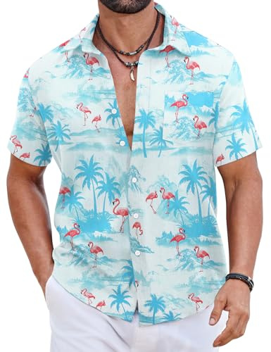 COOFANDY Camicie Hawaiane Uomo 100% Cotone, Camicie Estate Maniche Corte Bottonate, Tops Tropicali Spiaggia Taglio Regular PAT7 XXL