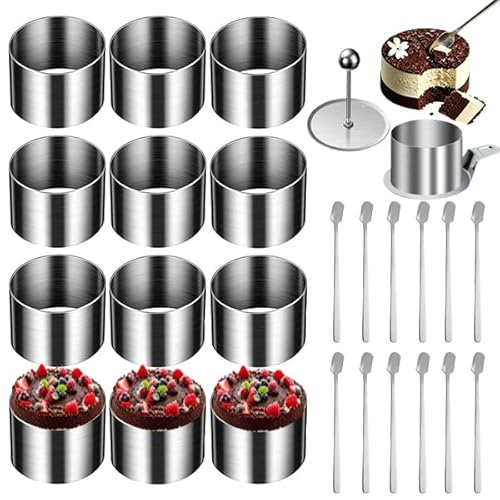 JUAEYIDDS Tårtring, set mousse, stenciler, små kakringar, set i rostfritt stål, kakring, dessertringar, lämpliga runda matringar för mousser, desserter, kakor, gör-det-själv Ø 6 cm (12)
