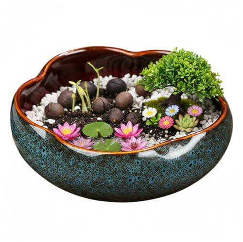 Latemeia Maceta de cerámica con Forma de Loto para suculentas e hidroponía, Maceta Azul de 8 Pulgadas para Plantas de Interior, decoración del hogar, Uso doméstico
