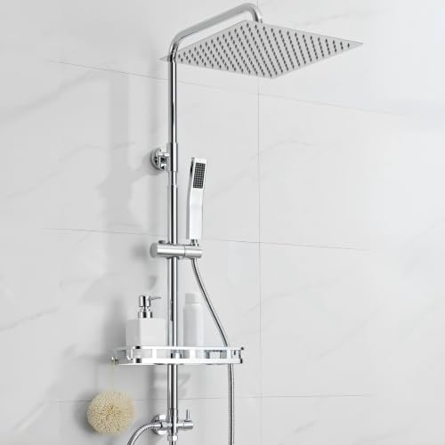 Auralum Edelstahl Regendusche ohne Duscharmatur mit Ablage, Duschsystem Komplettset Chrom, Edelstahl 30CM Regenduschkopf & Handbrause, Messingventil, Höhenverstellbar Stange, für Vorhandene Bohrlöcher