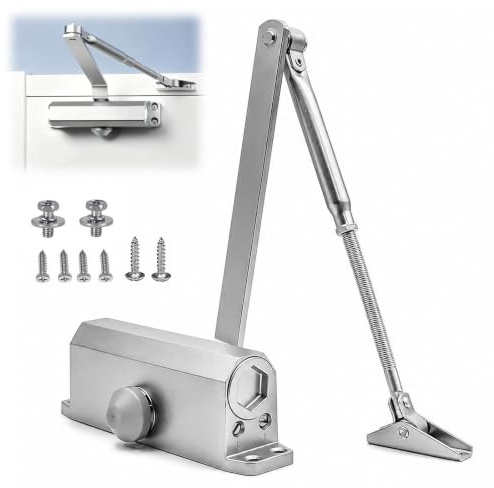 Chiudiporta automatico con chiusura delicata per porte interne ed esterne da 65-85 kg | Chiudiporta idraulico in lega di alluminio, velocità di chiusura regolabile, argento per porte larghe fino a 1,1 m
