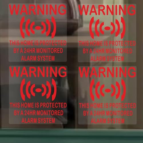 4 x Stickers Home Protected for Windows Monitored Alarm Security System Signs 24hr Warning House Flat Business Property Self Adhesive Vinyl Red onto Clear