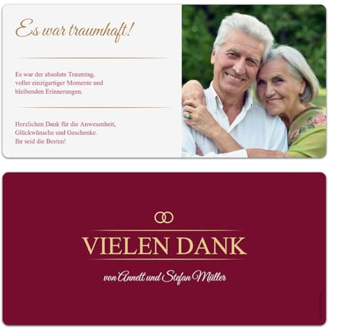 10 x Danksagungskarten goldene Hochzeit Hochzeitskarten Dankeskarten individuell mit Foto und Text DIN Lang 210x98mm - Burgunder Gold