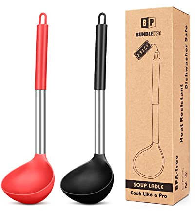 Pack of 2 Ladle Spoon,Silicone Large Spoons for Soup,Non Stick Kitchen Utensils with High Heat Resistant,BPA Free Perfect Kitchen Tools for Cooking, Stirring,Serving Soups (Black-RED)