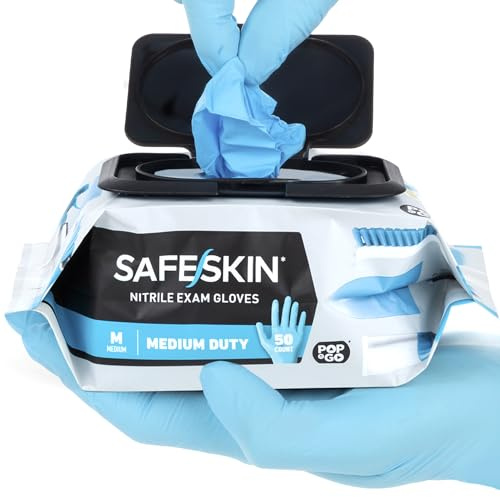 SAFESKIN Nitrile Disposable Gloves in Pack of 50, Medium Duty, Medium Size, Powder Free - For Food Handling, First Aid, Cleaning, Gardening, Crafting - Premium Medical Exam Gloves