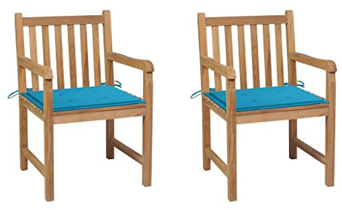 vidaXL 2X Teak Wood trädgårdsstolar med kuddar utomhus matsalsstolar uteplats middagsstol ljusblå