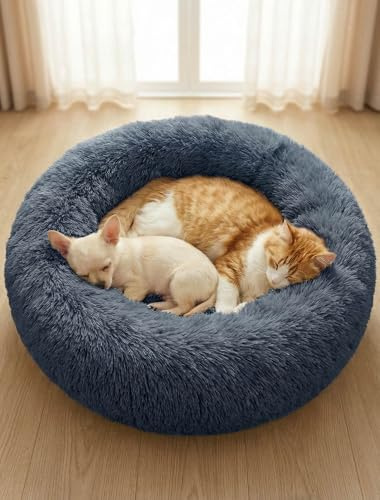 OKPOW Donut Dog Bed,50cm Calming Anti Anxiety Small Dog Beds,Washable Soft Warm Plush Fleece Fluffy Soothing Cat Pet Cushion,Round Orthopedic Relief Improved Sleeping Non Slip Bottom Kitten Bed