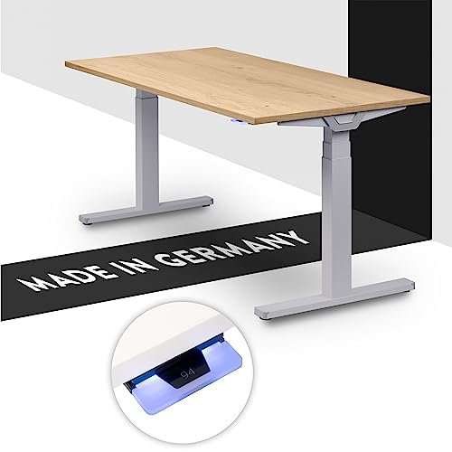 boho office® Höhenverstellbarer Schreibtisch 140 x 80 cm - Made in Germany, Elektrisch, 2 Motoren, 3-Fach Teleskop, Kollisionsschutz - Premium Line Silber inkl. Tischplatte in Wildeiche furniert