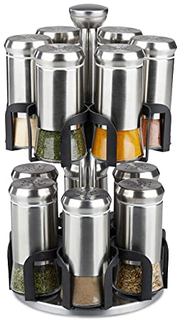 Relaxdays Portaspezie Girevole in Acciaio Inox, 12 Barattoli in Vetro per Condimenti, per Lavastoviglie, Argentato Nero, 31 x 18 x 18 cm