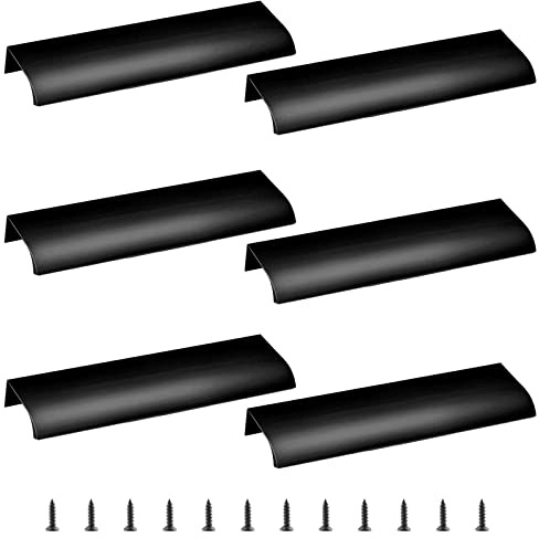 Cjueiom 6 Pack Concealed Kitchen Cupboard Handles 128mm Hole Center Hidden Drawer Pulls, Finger Edge Pull Aluminum Cabinet Handle Invisible Door Knob for Wardrobe (150mm Total Length, Black)