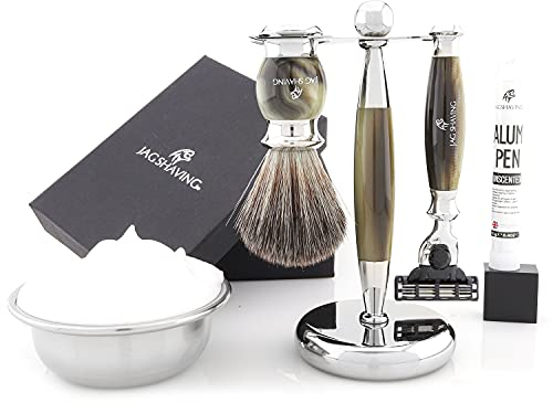 Jag Shaving Rasierset - 4-teiliges Rasierset - Jag's Lee Range - Synthetikhaar Rasierpinsel - 3 Rasierklingen Rasierhobel - Rasierständer - Grüne Hornimitation Farbe