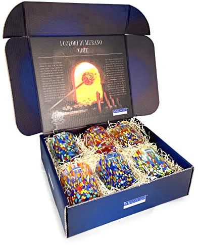 MAZZEGA ART & DESIGN - 6 vasos Goto Tumbler de vidrio soplados y hechos a mano con murrina Murano refinados y originales - Los colores de Murano - Modelo Tumbler 350 ml. Made in Italy