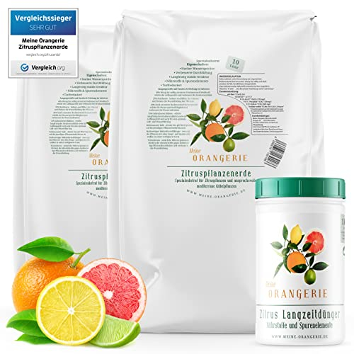 Meine Orangerie Zitrus-Umtopf-Paket - Beste Zitruserde [20l] + Zitrus-Langzeitdünger [1kg] - für kinderleichte Zitruspflanzen-Pflege oder Pflanzenrettung mit Not-Umtopfung