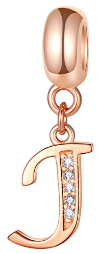 GLOWDAS Roségold Buchstaben Charms Initial A-Z Alphabet Perlen, 925 Sterling Silber Dangle CZ Geburtsstein Anhänger, Mütter Tag Geburtstag Geschenke für Europäische Charm Armband