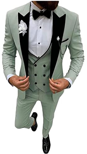 Costume 3 pièces à revers cranté pour homme - Smoking à simple boutonnage - Pour mariages, affaires et loisirs - Gilet, veste et pantalon, sauge, 94