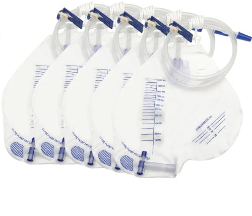 DWCHECK 5 Pack Catheter Bags, 2000 mL Urinary Drainage Bag with Anti-Reflux Chamber,48Unisex Precision Drainage Tube, Clips and Hanging Hook, Urinary Catheter Bag for Home and Hospitals Health Aids