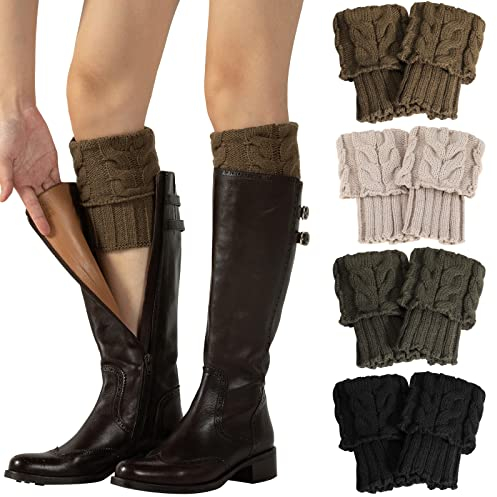 XEPST 4 Paar Winter Stulpen Damen Gestrickte Beinwärmer, Stricken Häkelarbeit Kurze Leg Warmers Mädchen Stiefel Boot Abdeckung für Winterwärmer - Schwarz, Dunkelgrau, Khaki, Beige