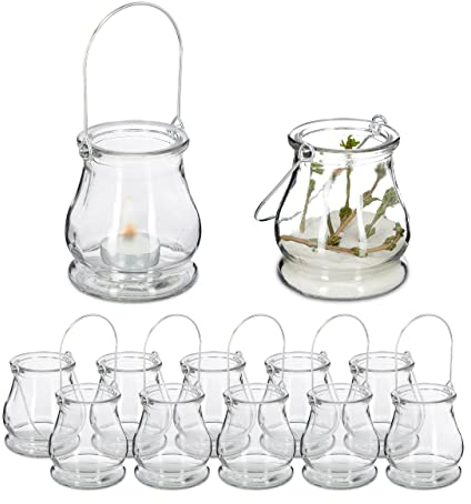 Relaxdays Photophores à Suspendre, Lot de 24, en Verre, avec Anse, pour intérieur & extérieur, HxD : 10 x 8,5 cm, Transparent