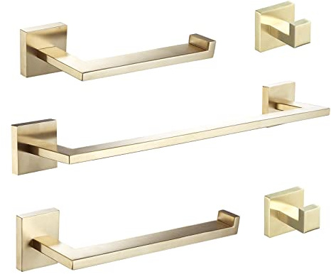 Beelee Badezimmer-Zubehör-Set Gold Hardware Set – Handtuchhalter + Handtuchring + Toilettenpapierhalter + 2 Handtuchhaken, SUS Edelstahl Wandmontage, BA203BG-5