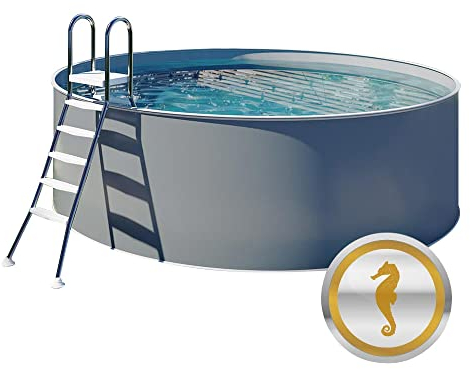 Rundpool AUFGESTELLT - Umfangreiches Komplettset - Hochwertiges Stahlwand Schwimmbecken in Anthrazit - Inkl. Wärmepumpe Sandfilter Leiter Vlies Skimmer Solarplane Anschluss UVM. (Ø 4,00 x 1,20 m)