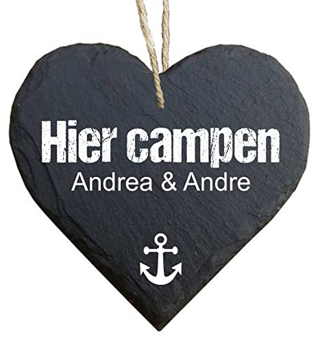 homeyourself - Schieferherz Schiefer Schild personalisiert mit Druck/Wunschtext - hier campen Campingschild - individualisiert