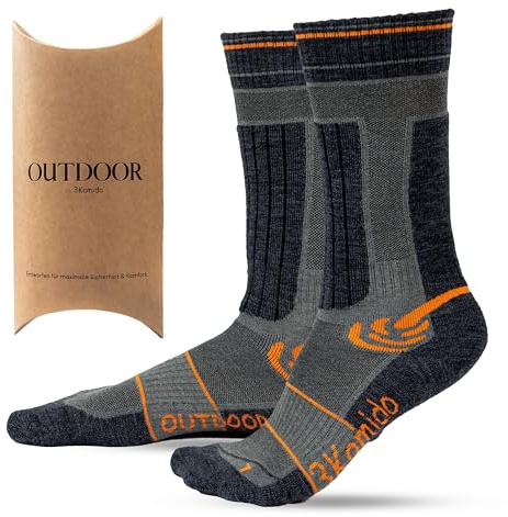 3Kamido OUTDOOR Chaussettes, en laine mérinos, trekking, randonnée, respirantes, douces, thermiques, à séchage rapide, contre les callosités, pour expéditions en montagne (gris/orange 31-34EU)