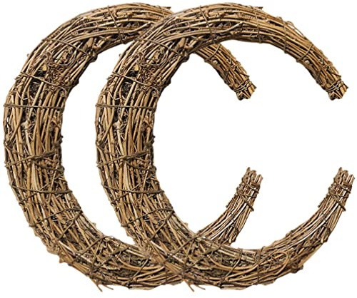 Mondförmiger Selbstgemacht Rattanring 2 Stück aus Rattan und Eisen | Handgefertigt, Solide Konstruktion, Rustikaler Stil, für Blumen, Türen und Festivaldekoration
