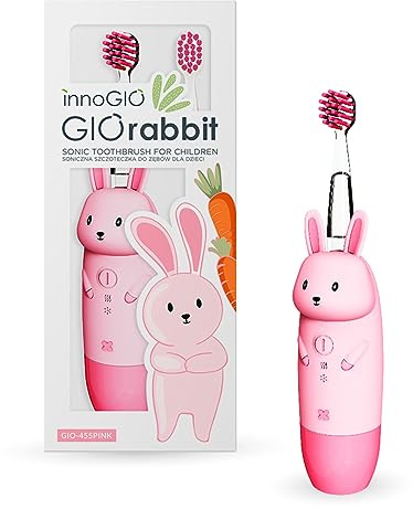 innoGIO Cepillo de Dientes Eléctrico Infantil GIOrabbit - 7 Colores LED, Mango Silicona, 4 Modos, Temporizador 2 min, Apto Niños entre 2 y 12 años, Rosa, Pila AAA no incluida (Cabezal Interc Incluido)