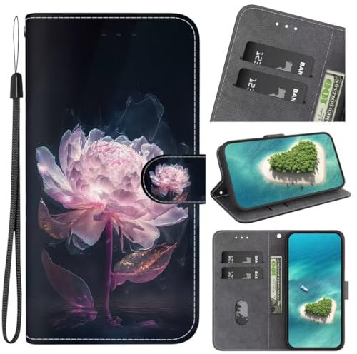KRjcsfhy Hülle Case für Samsung Galaxy A12 5G, Lederhülle [ Premium Echtleder] [RFID Blocker] [Kartenfach] [Magnet] TPU Stoßfeste Klapphülle TPU Schutz für Samsung Galaxy A12 5G,Lila Pfingstrose