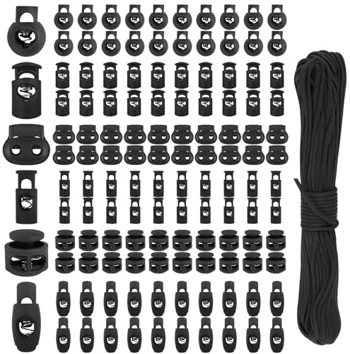 Samulee 120 Stück Kordelklemme Kordelstopper Schwarz, 4 Größen Vielseitig | 6-Stile Schnurstopper, Aus robustem Kunststoff, ideal für Jacke, Sportkleidung, Rucksack, Gummikordel Stopper Kordeln