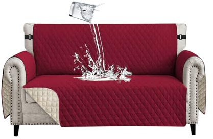 Lydevo Sofa Überzug 2 Sitzer wasserdichte rutschfest Sofabezug Mit Armlehnen Couchbezug Sofaüberwurf Kratzfest Reversible Gesteppte Schonbezug für Haustier Katzen Hunde,Weinrot