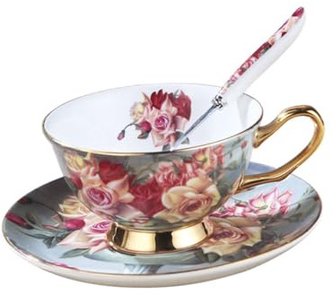 Alipis Juego De Tazas De Café y Té De Cerámica Con Borde Dorado, Estilo Europeo, Capacidad Estándar, Incluidas Cuchara y Platillo, Diseño Decorativo Para Uso Hogar, Cafeterías y Oficinas