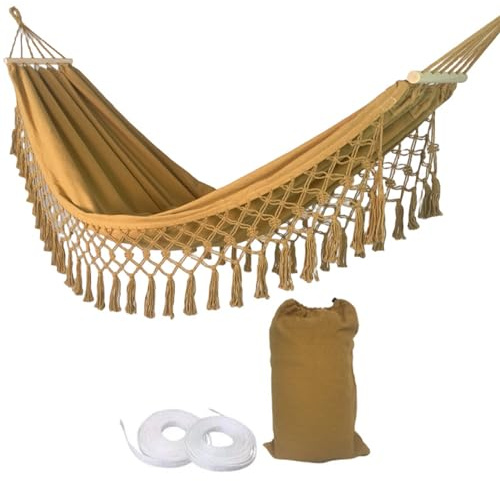 Pasdrucn Hängematte Outdoor Boho Style, Hängematte 2 Personen 200x100cm, Outdoor Hängematte, Stabhängematte, Hängematte Mit Gestell Holz, Hängematte Kinder, Camping Hängematte (Beige)