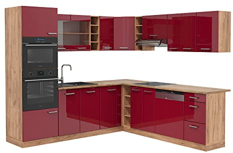 Vicco Eckküche R-Line, Rot Hochglanz/Goldkraft Eiche, 247 x 60 cm, AP Eiche
