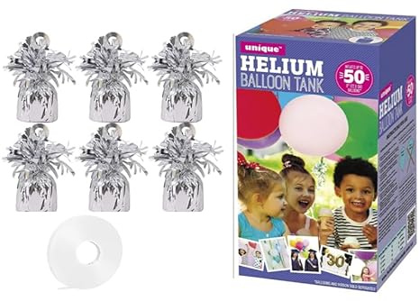 Large helium balloon canister with 6 silver balloon weights - Canister fills upto 50 9 inch latex balloons