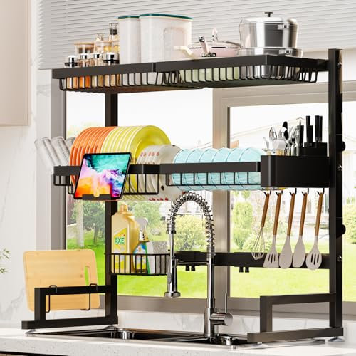 ADBIU Over The Sink Dish Drying Rack (Expandable Height and Length) Snap-On Design 2 Tier Large Dish Rack (27-40L x 12W x 32.5-37H (inches))