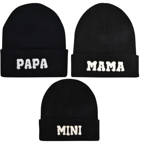 Besforta Eltern-Kind-Mütze, Motiv: Mama Papa, Mini-Stickerei, Strickmütze, Winter, warme Bündchen, passende Familienmütze