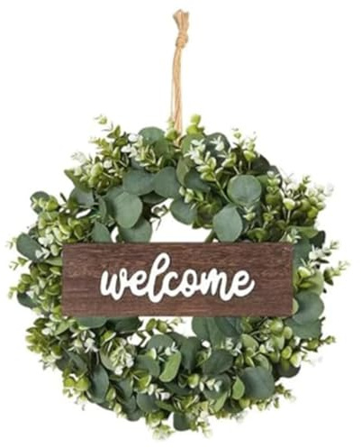 YQBFTC Türkranz Künstliche Eukalyptus,45CM Eukalyptus Kranz mit Willkommensschild,Türkranz Frühling Sommer Außen Modern Deko zum Aufhängen,Türkranz Ganzjährig Deko für Haustür Hochzeit Bauernhaus Flur