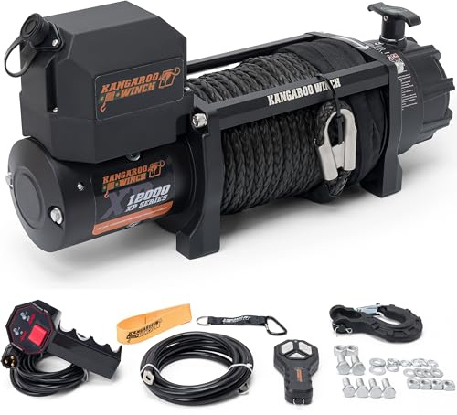 KANGAROO WINCH Schnelle Elektrische Seilwinde 12V, 12000 lbs Zugkraft | mit Funkfernsteuerung - Langlebiges Kunststoffseil - Perfekt für Offroad - 4x4 Forst- und Nutzfahrzeuge (K12000XP)