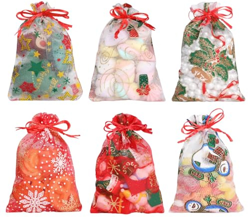 Bigqin 60 Stück Organzasäckchen Weihnachten 10x15cm, Transparent Organzasäckchen mit Kordelzug, Weihnachten Organzabeutel Organza Säckchen Schmuckbeutel für Weihnacht Geschenk