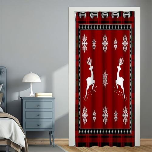 Odot Blackout Vorhang mit Ösen, 3D Weihnachten Elch Muster Verdunkelungsvorhänge Raumteiler Vorhang Thermo Türvorhang für Fenster Tür Schlafzimmer Schrank (120x180cm,Rot Plaid)