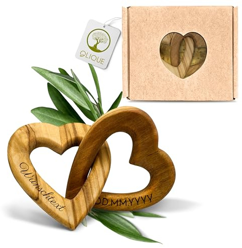 OLIQUE Holzherzen personalisiert, Olivenholz - Verbundene Holz Herzen mit Gravur als individuelles Geschenk zur Hochzeit, Hochzeitstag oder Verlobung (5 cm)