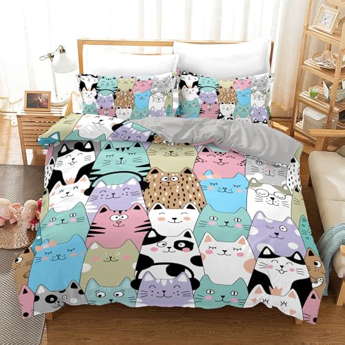 IUNTWEIE Katze Bettwäsche135x200 Cartoon Katzen Bettwäsche für Jungen und Mädchen, Süßes Katzenmuster Bettwäsche Set, Atmungsaktiv Weicher Mikrofaser Bettbezug mit Kissenbezügen (Katze-6, 135x200cm)